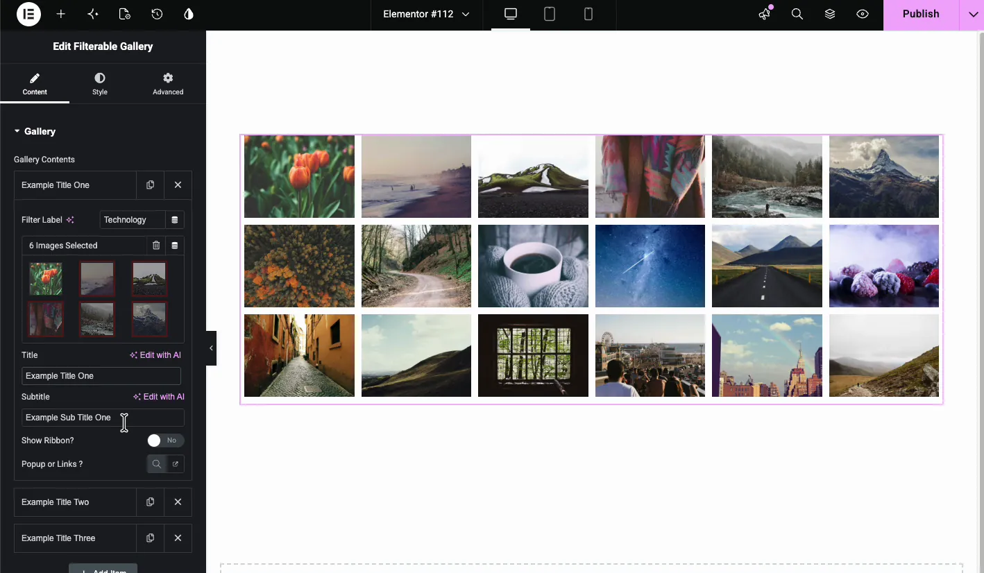 Expanded gallery item showing Filter Label, selected images, Title, Subtitle, Ribbon, and Button fields