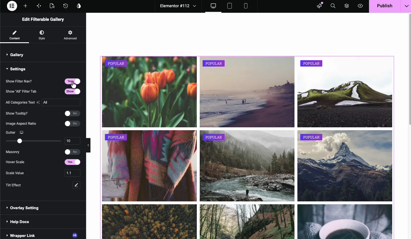 Filterable Gallery Settings section with Show Filter Nav, Gutter, Masonry, Hover Scale, and Tilt Effect options
