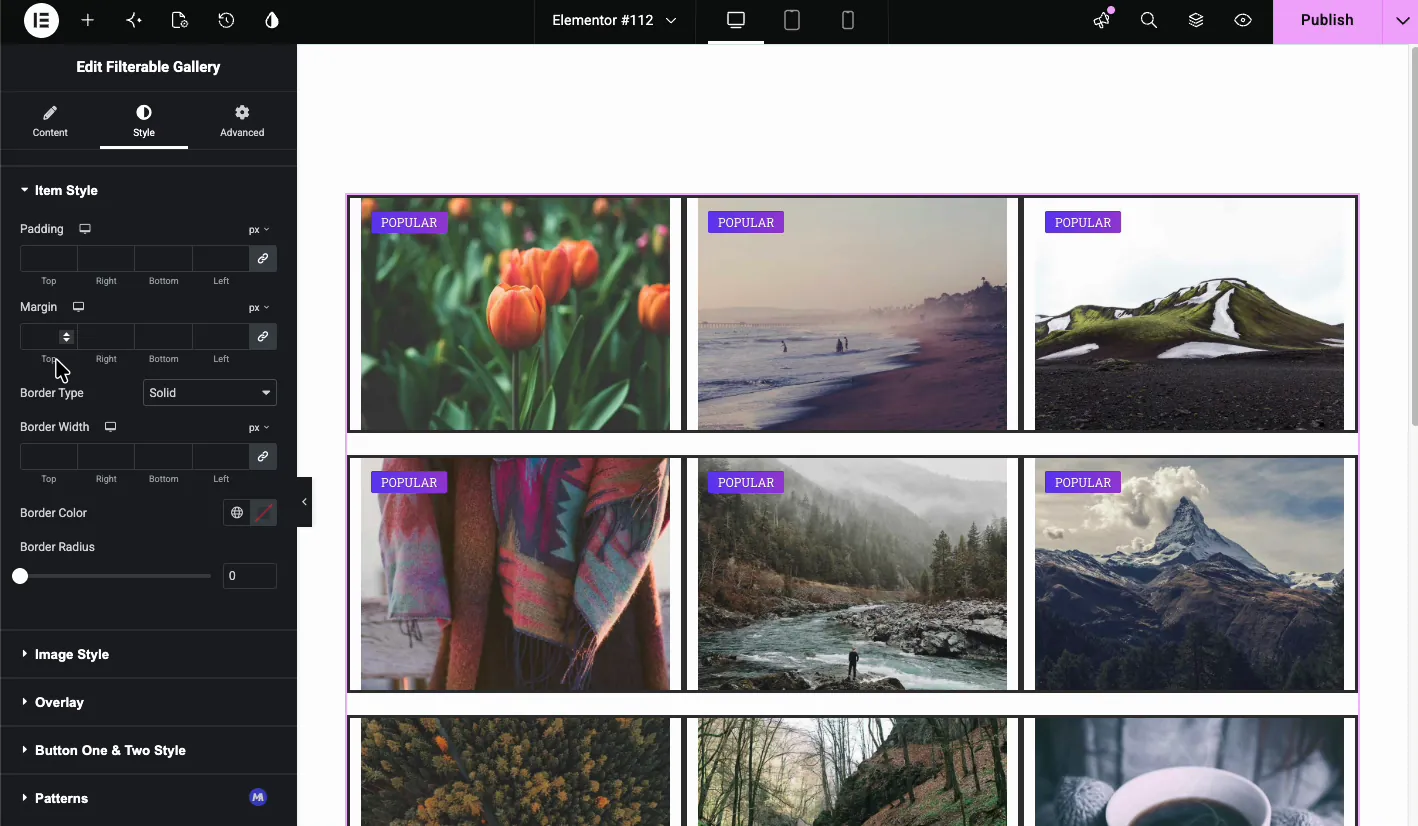 Style tab Item Style section with padding, margin, border type, border width, and border radius controls