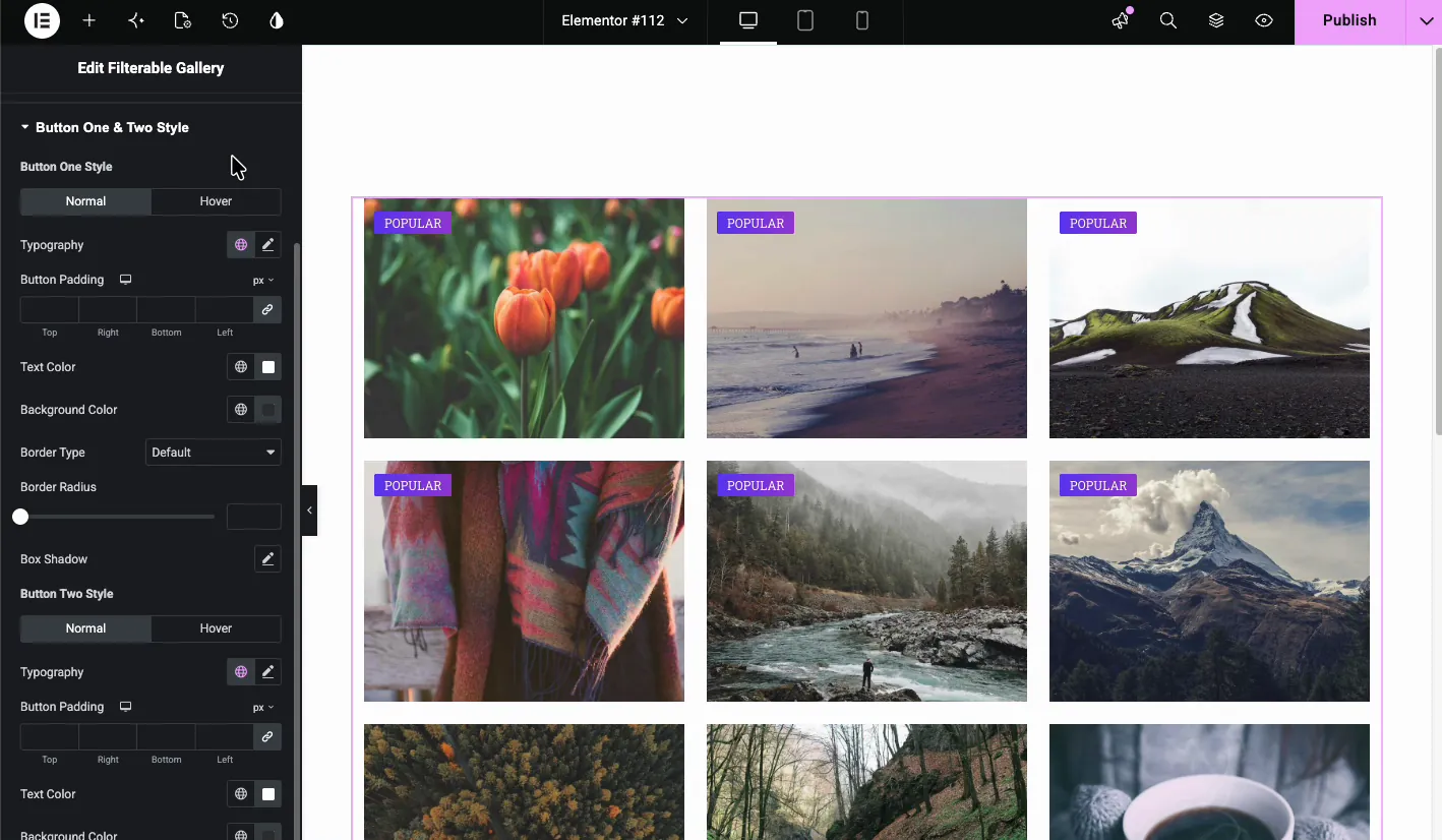 Button One and Two Style section with Normal and Hover states, typography, colors, and padding