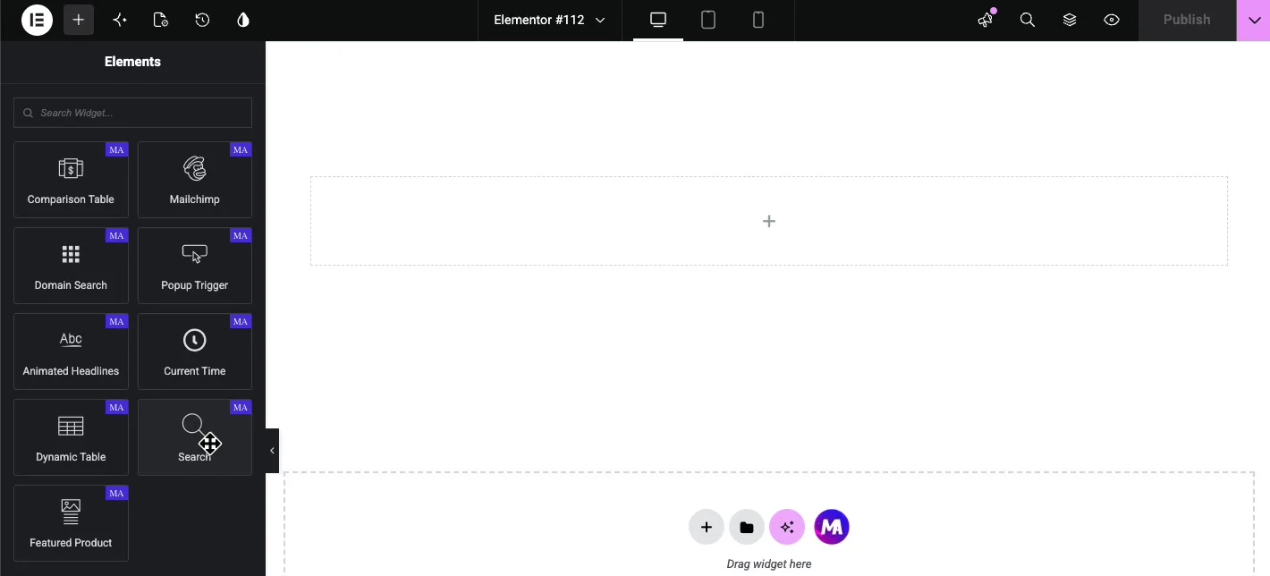 Search widget in the Master Addons section of the Elementor Elements panel being dragged onto the page