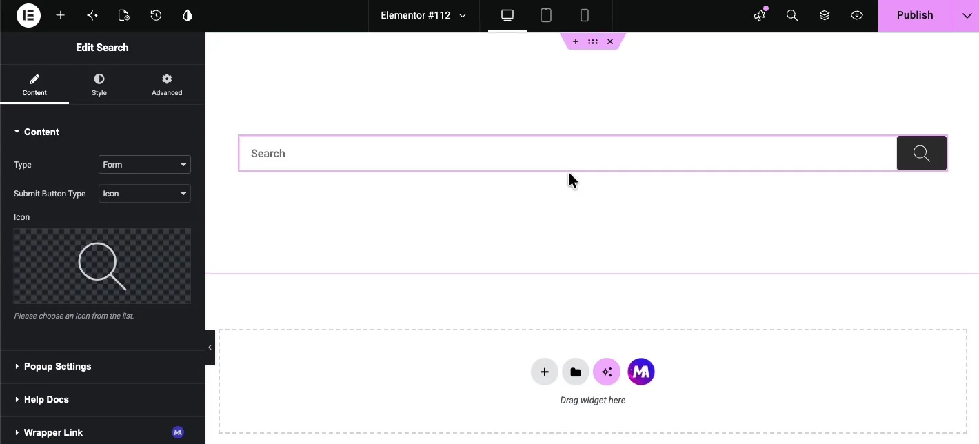Search widget Content tab with Type set to Form, Submit Button Type set to Icon, and the icon picker below