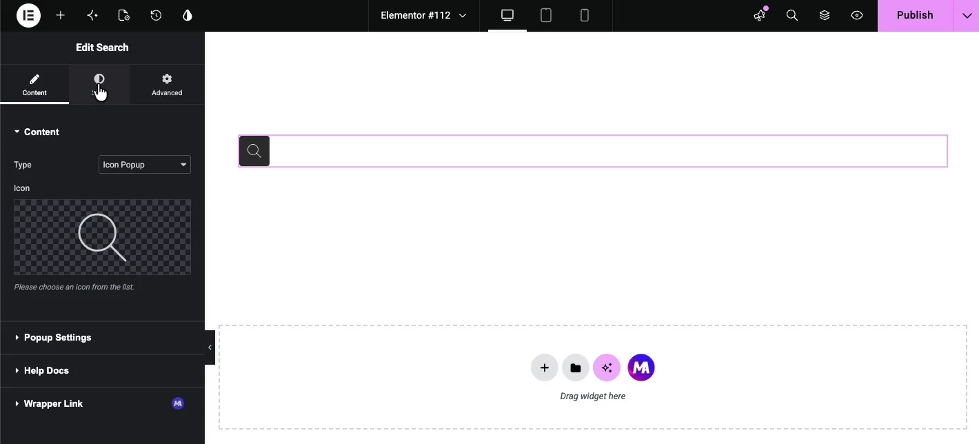 Search widget with Type set to Icon Popup showing a compact icon-only search bar on the canvas