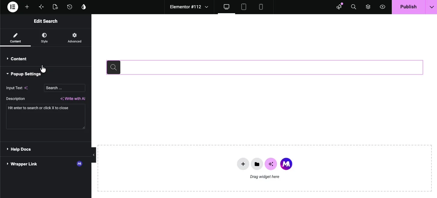 Popup Settings section with Input Text and Description fields for the search popup