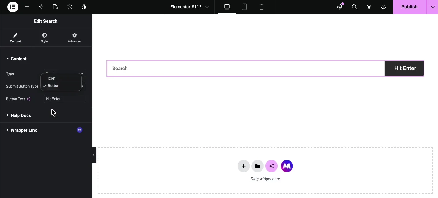 Submit Button Type dropdown open with Icon and Button options, Button selected and Hit Enter as the button text