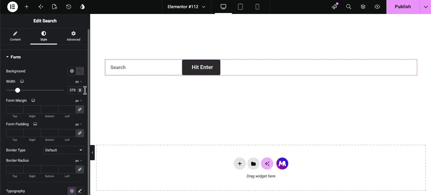 Style tab Form section with Background, Width set to 379 pixels, Form Margin, Form Padding, Border Type, and Border Radius controls