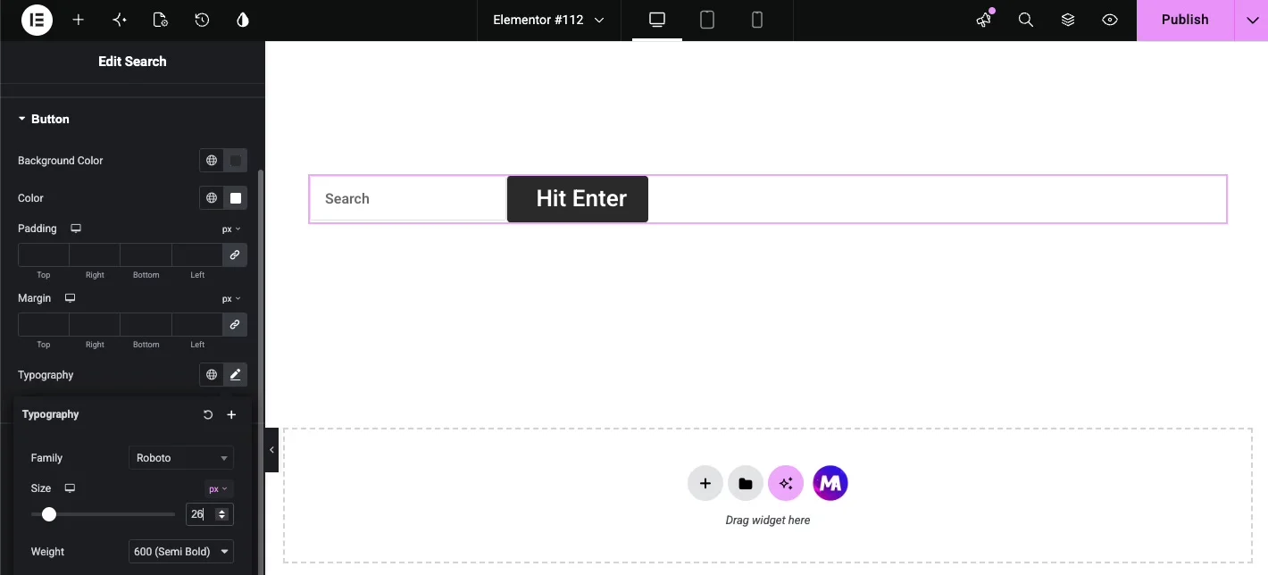 Button style section with background color, color, padding, margin, and typography controls, font size being adjusted on the Hit Enter button