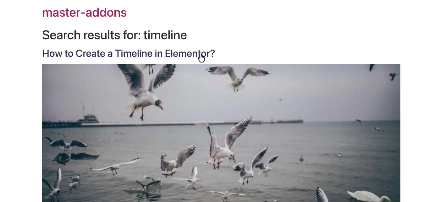 WordPress search results page for the query timeline showing a matching blog post with its featured image