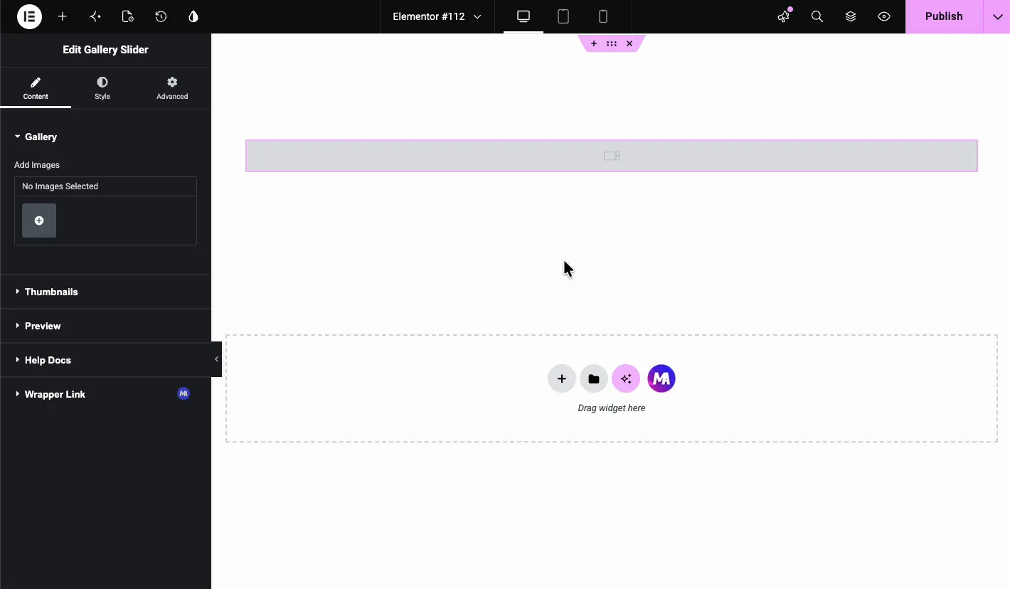 Gallery Slider Content tab with the Add Images control and Thumbnails, Preview, Help Docs, and Wrapper Link sections