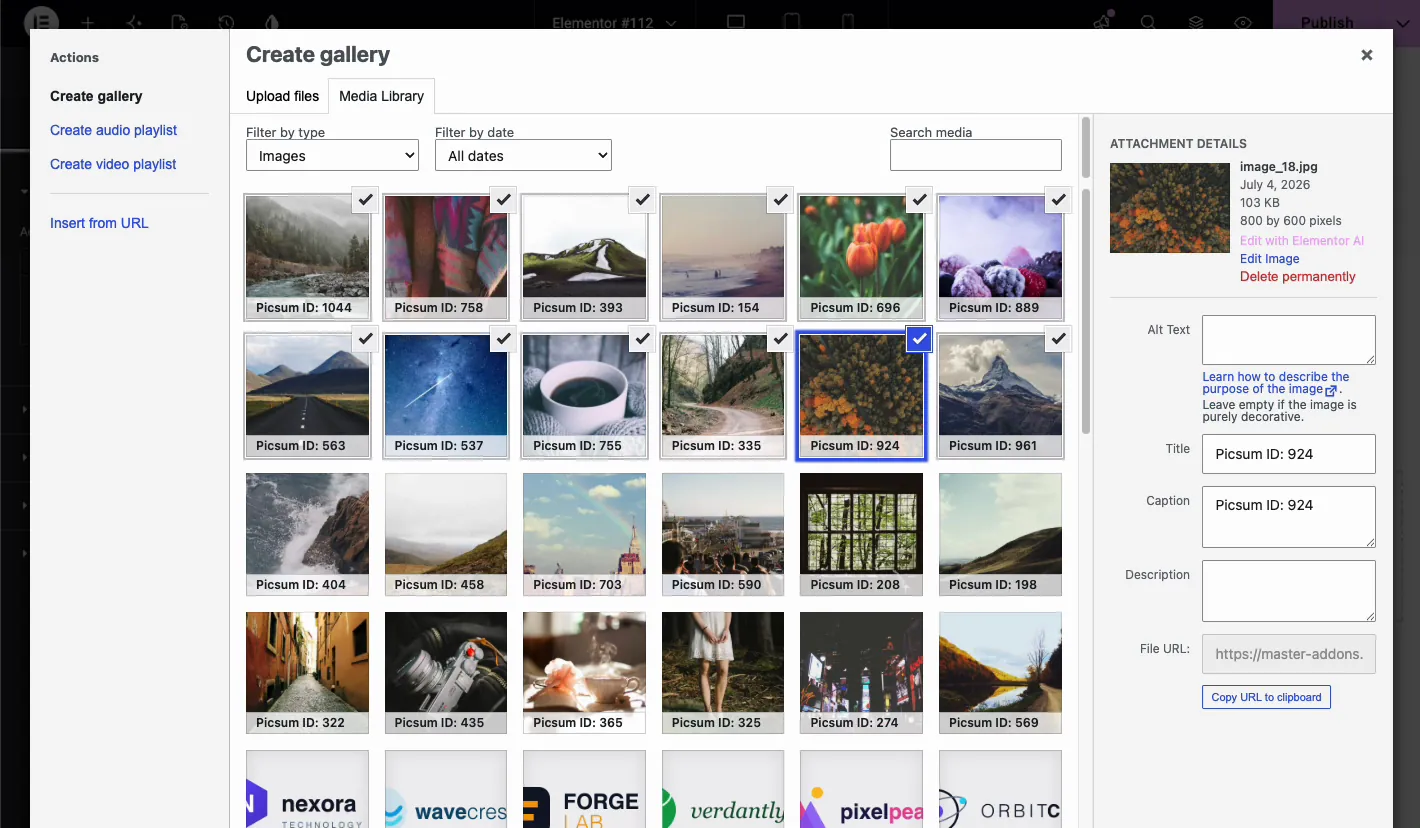 Create gallery screen in the WordPress media library with twelve images selected and attachment details on the right