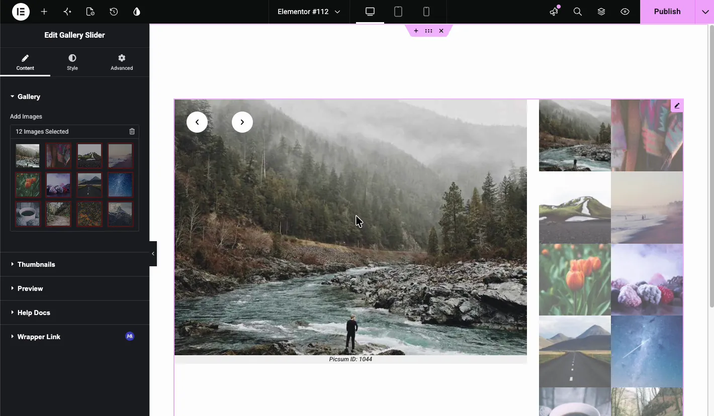 Gallery Slider in the Elementor editor showing a large preview image with arrows and a two-column thumbnail grid