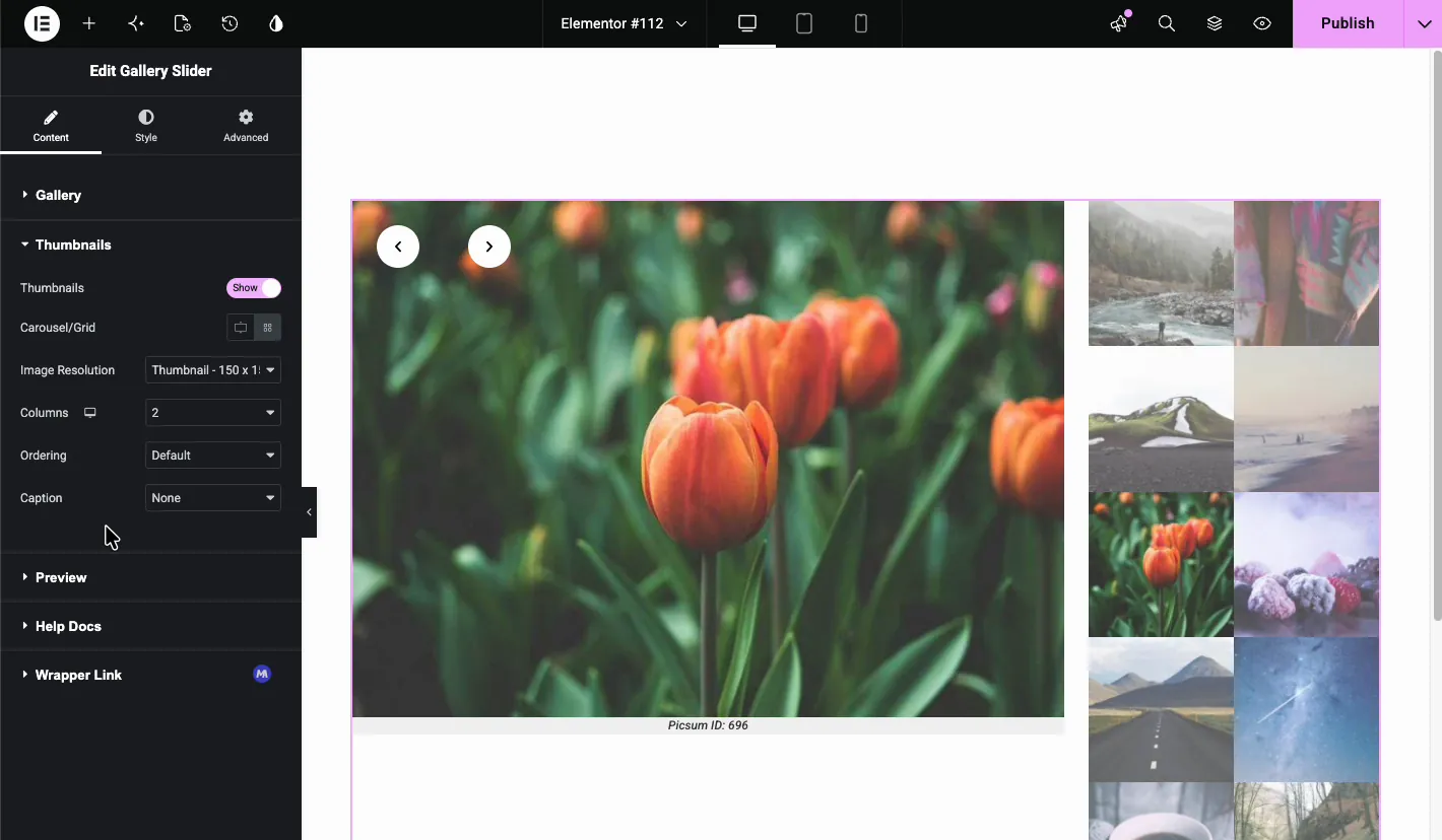 Thumbnails section with Show toggle, Carousel/Grid switch, Image Resolution, Columns, Ordering, and Caption controls