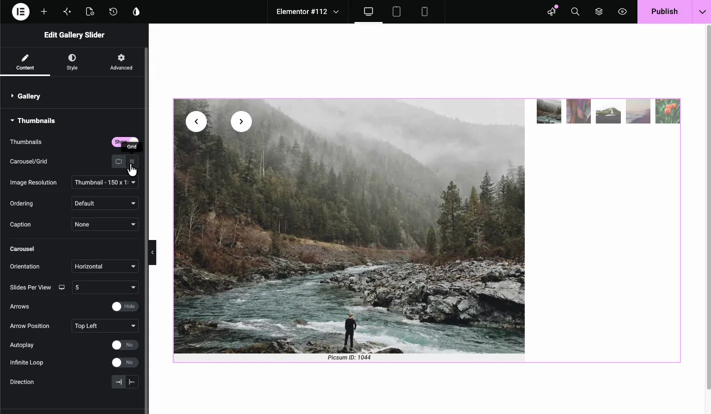 Thumbnails in Carousel mode showing Orientation, Slides Per View, Arrows, Arrow Position, Autoplay, Infinite Loop, and Direction settings