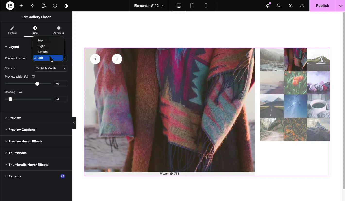 Style tab Layout section with the Preview Position dropdown open showing Top, Right, Bottom, and Left options