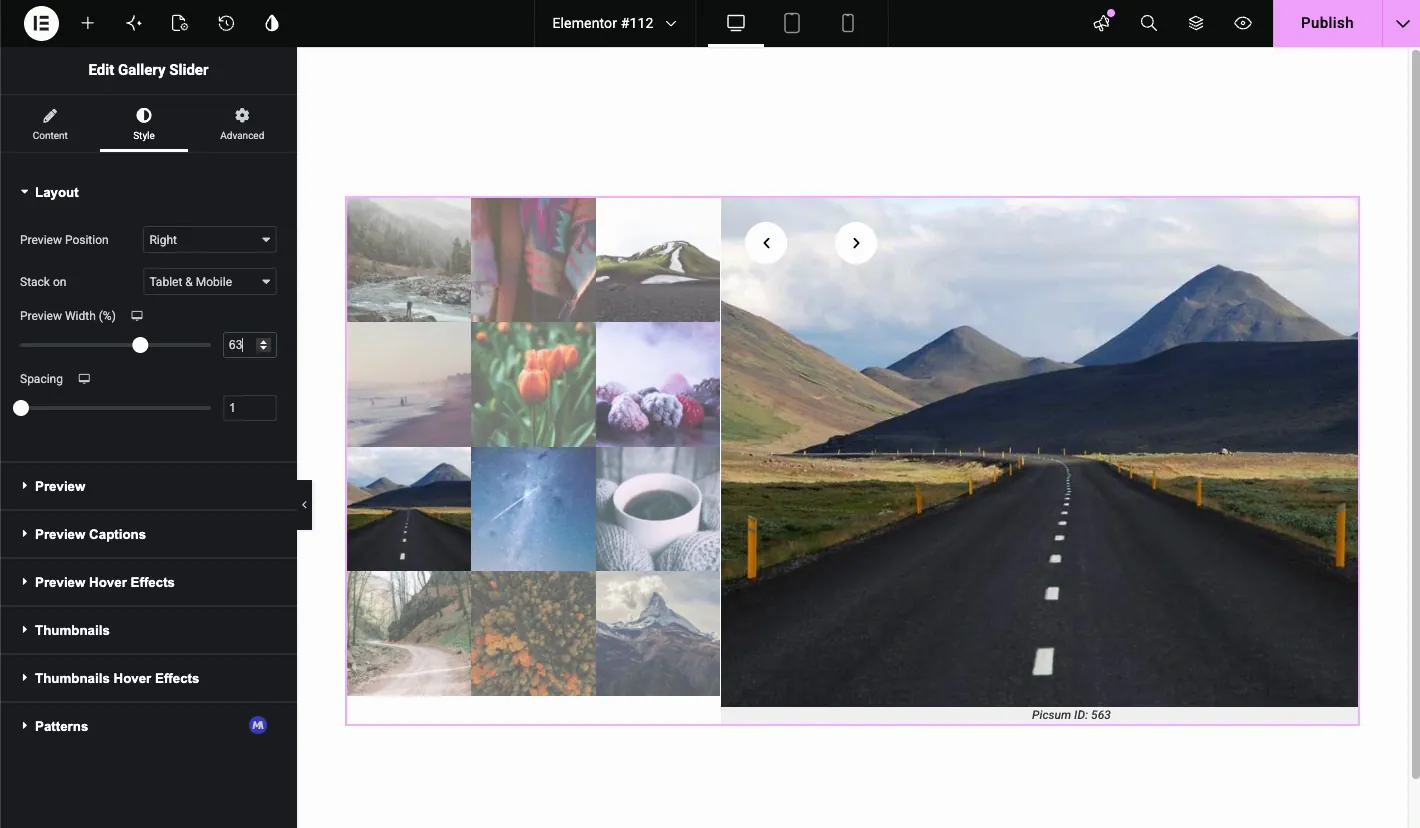 Layout section with Preview Position set to Right, Preview Width at 63 percent, and Spacing reduced to 1