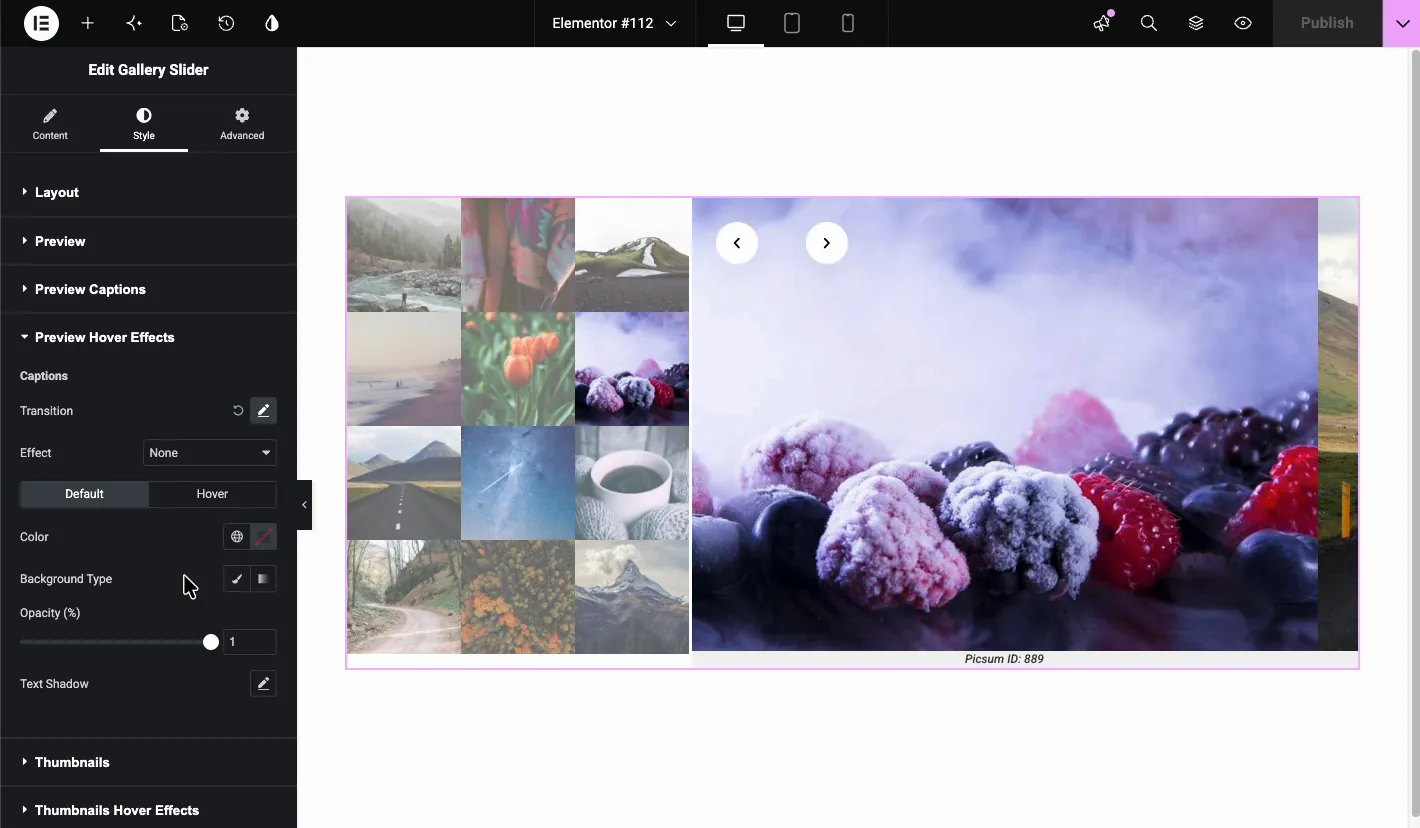 Preview Hover Effects section with caption Transition, Effect dropdown, Default and Hover tabs, Color, Background Type, and Opacity