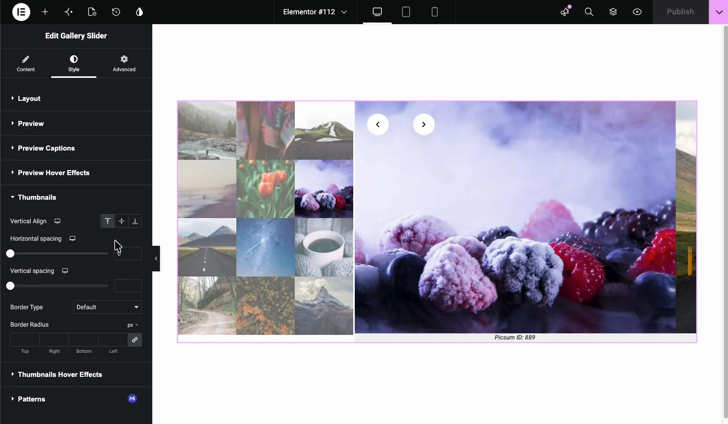 Thumbnails style section with Vertical Align, Horizontal spacing, Vertical spacing, Border Type, and Border Radius