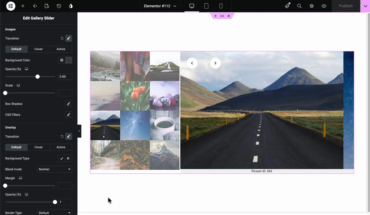 Thumbnails Hover Effects with Images and Overlay groups, Default, Hover, and Active states, Opacity at 0.65, Scale, and CSS Filters