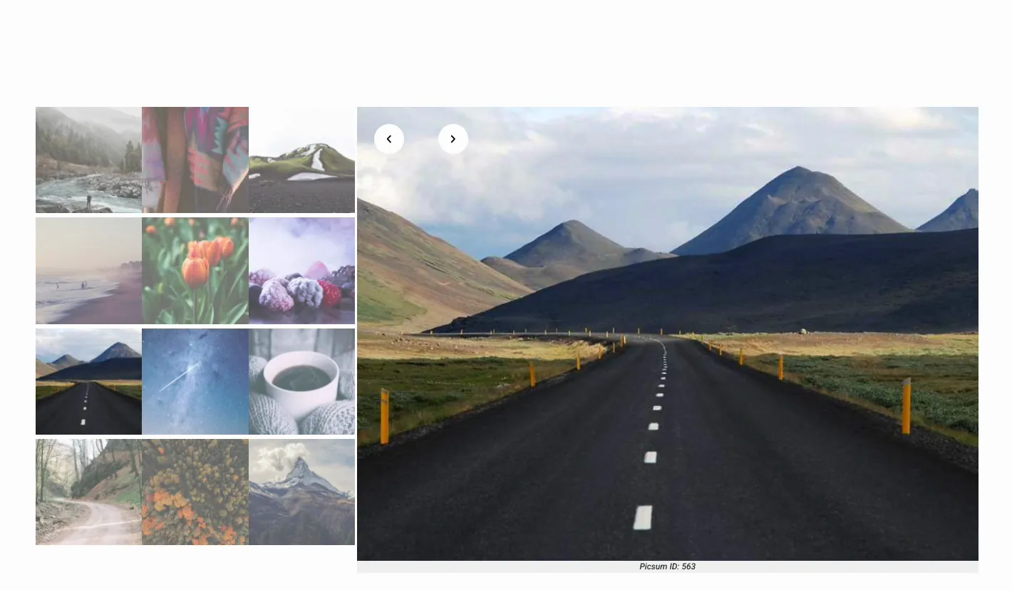 Live Elementor gallery slider on the frontend with a thumbnail grid on the left and a large preview image with caption on the right