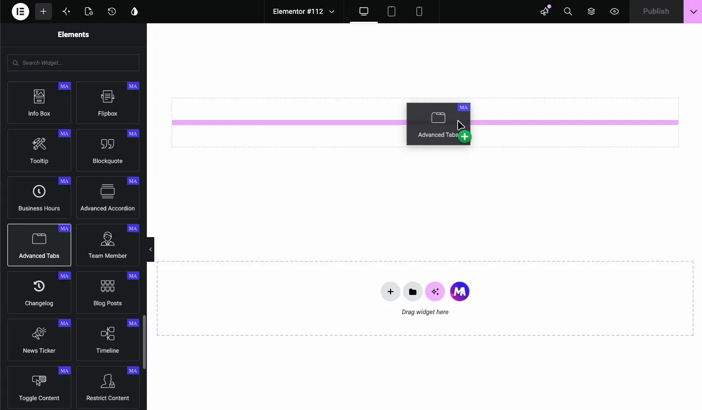 Dragging the Master Addons Advanced Tabs widget from the Elementor panel into a section