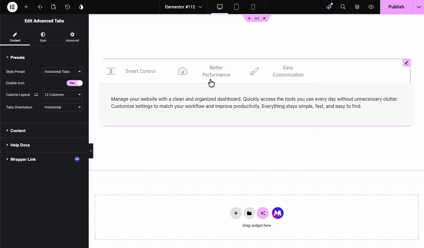 Master Addons Advanced Tabs widget in Elementor showing default horizontal tabs with icons and content panel