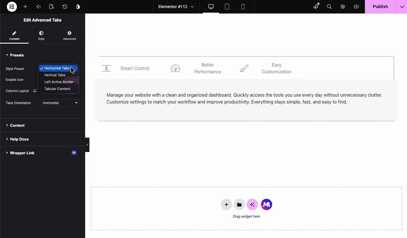 Advanced Tabs Style Preset dropdown showing Horizontal Tabs, Vertical Tabs, Left Active Border, and Tabular Content options