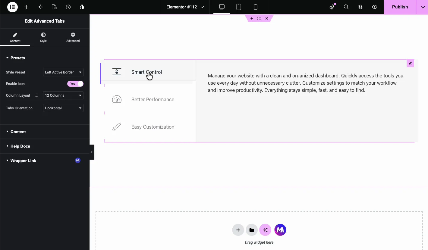 Advanced Tabs using the Left Active Border preset with vertical labels and a purple left border on the active tab