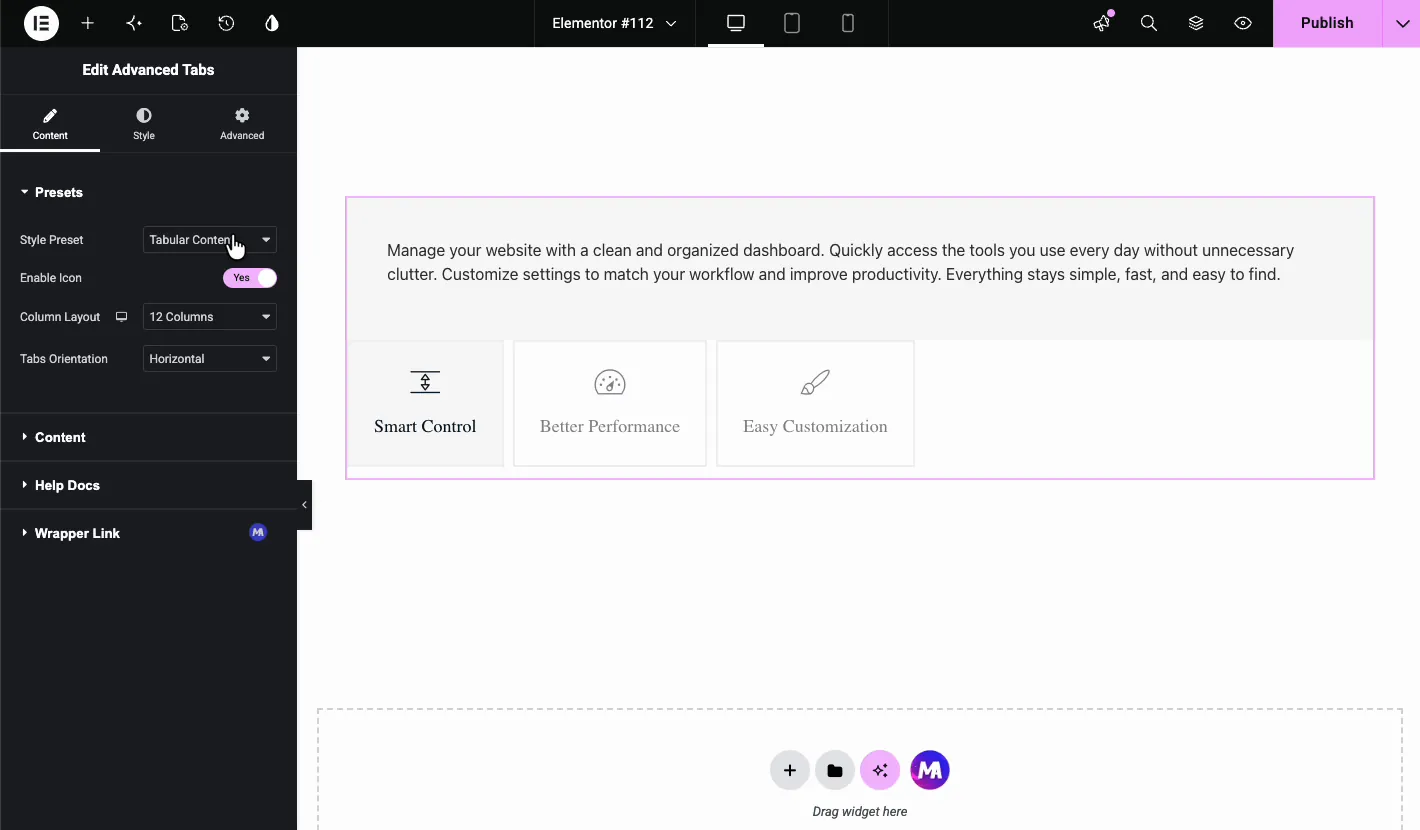 Advanced Tabs using the Tabular Content preset with card-style tab buttons above the content area