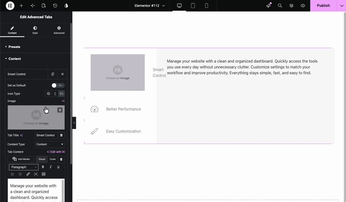 Advanced Tabs content settings with an image selected for the Smart Control tab and the image visible in the tab panel