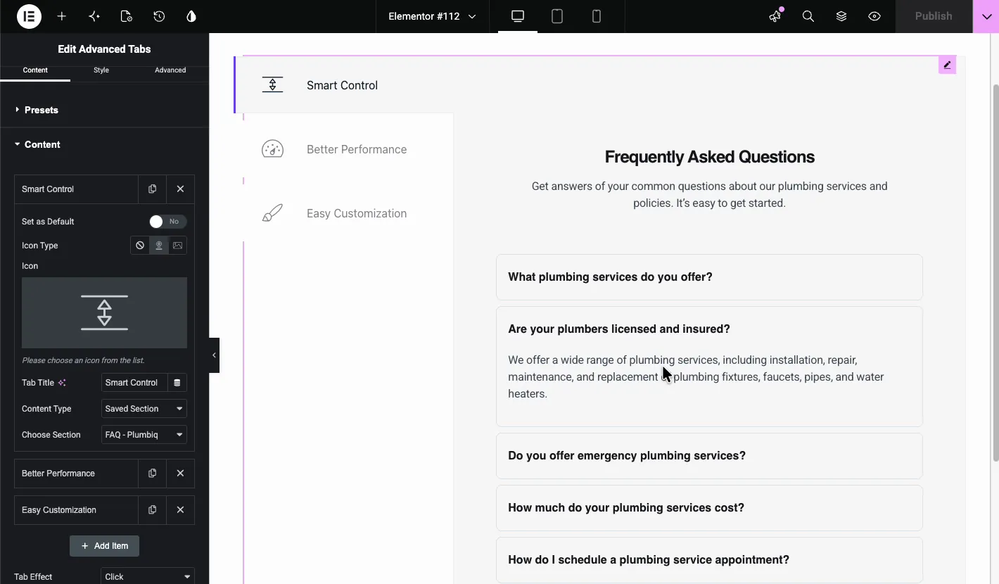 Advanced Tabs Content Type set to Saved Section with an FAQ accordion loaded inside the tab panel