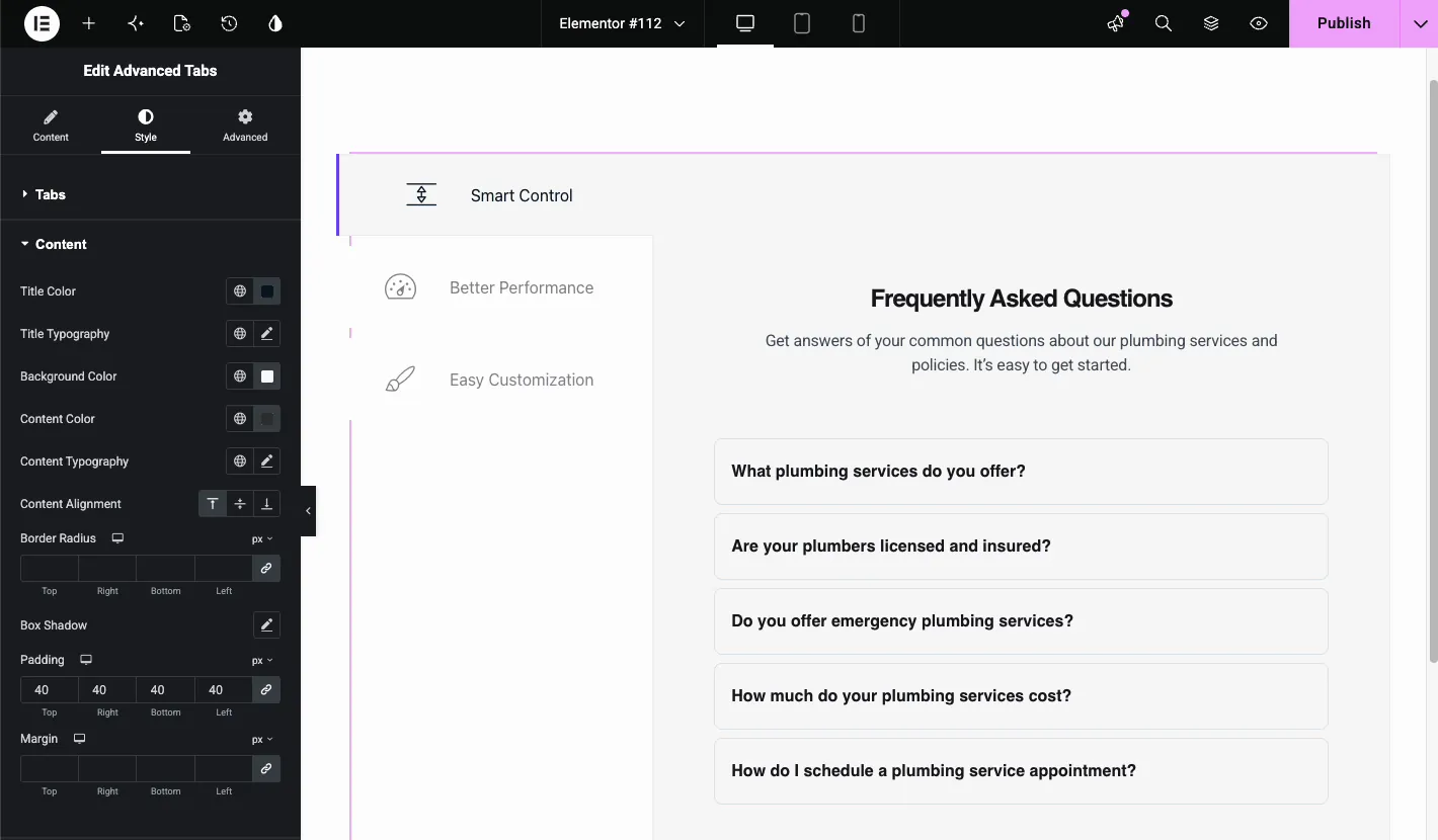 Advanced Tabs Style tab with title color, typography, background color, content color, and padding controls