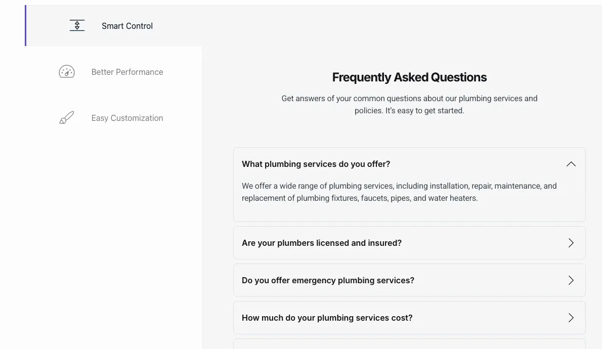 Finished Advanced Tabs on the frontend using the vertical layout with an FAQ accordion loaded inside the active tab panel