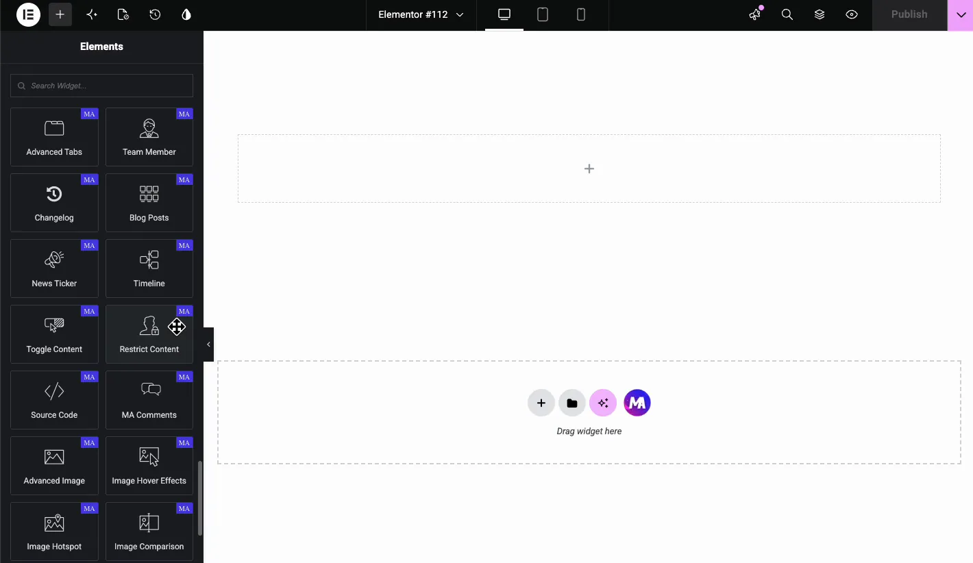 Restrict Content widget inside the Master Addons section of the Elementor panel