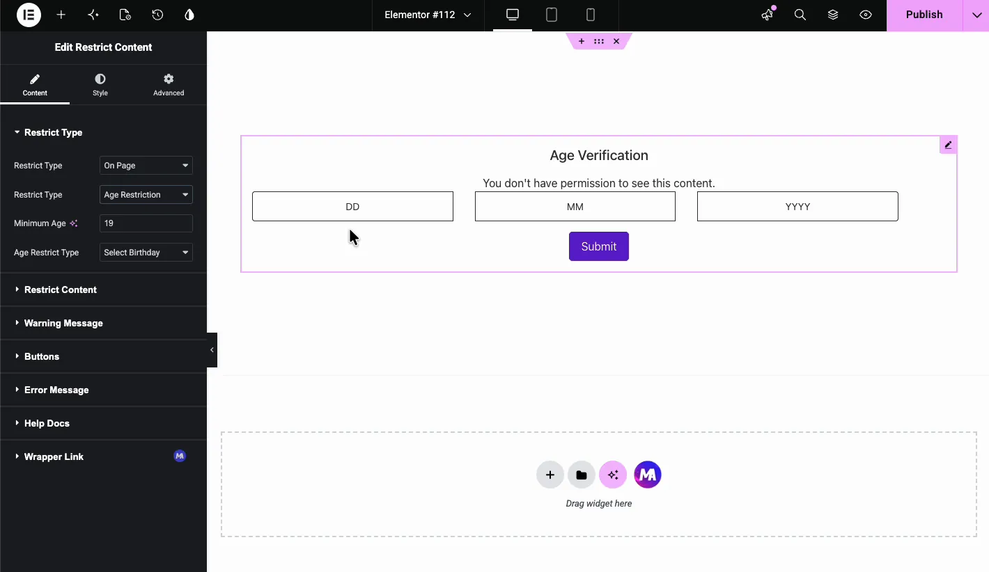 Age Restriction settings with minimum age 18 and Select Birthday type showing DD MM YYYY fields