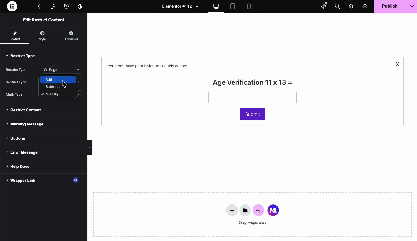 Math Captcha restriction showing Age Verification 11 x 13 equals with a submit field