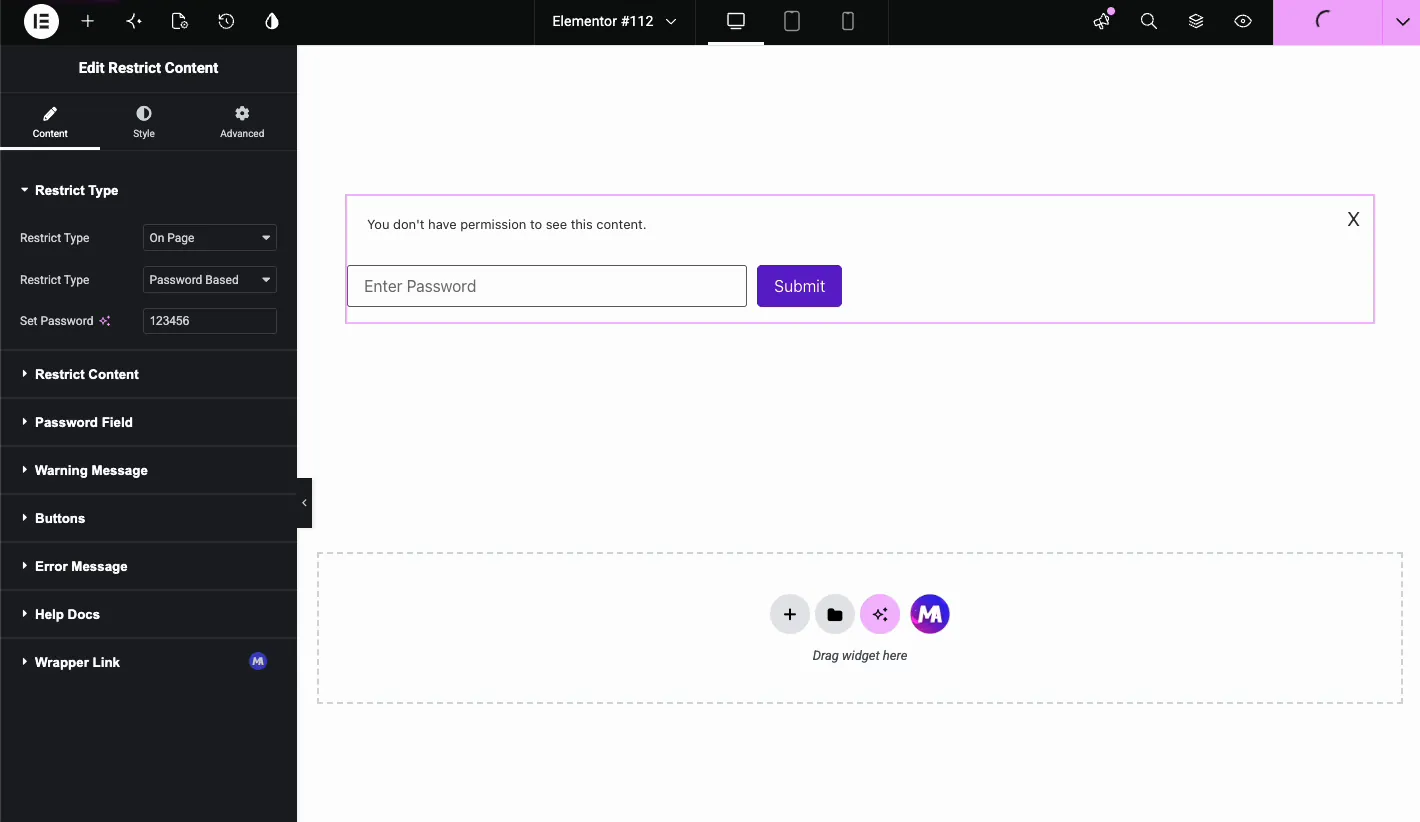 Password Based restriction with a set password field and password prompt on the canvas