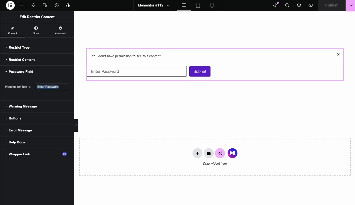 Password Field section showing the placeholder text control set to Type Password
