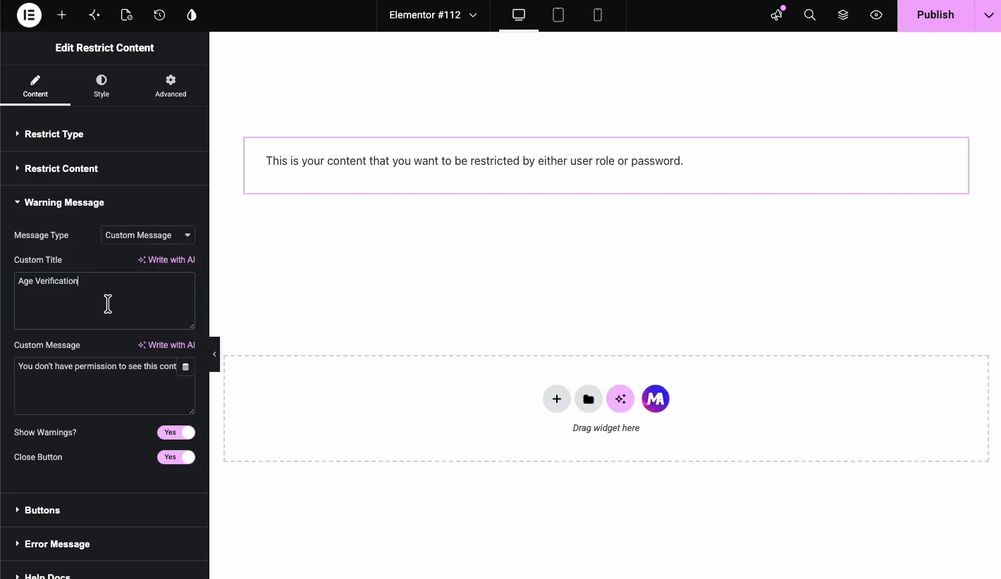 Warning Message section with Custom Message type, Age Verification title, and permission message