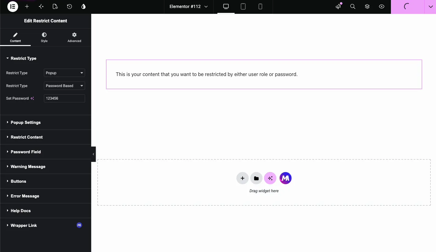 Restrict Type set to Popup with Password Based protection and Popup Settings section visible