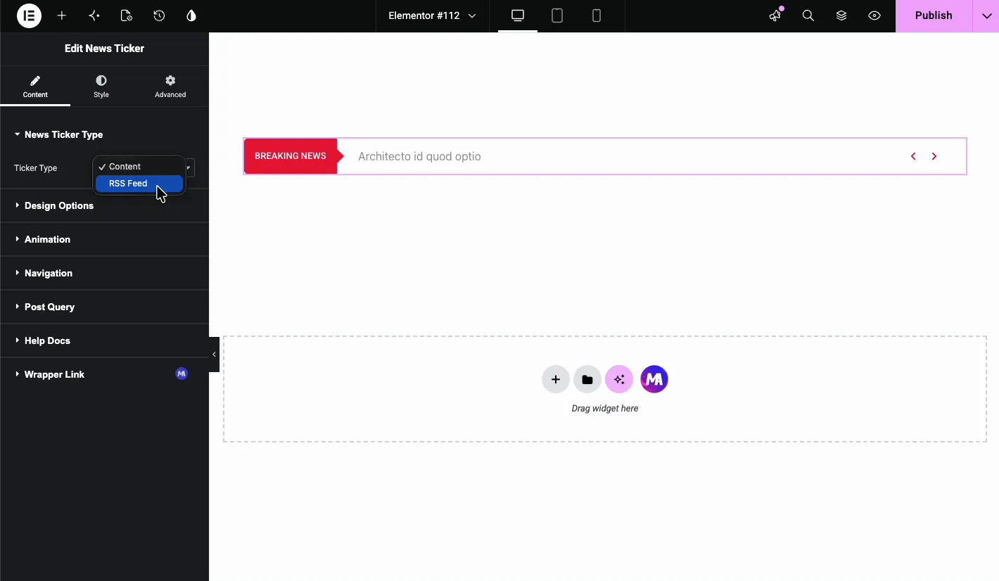 News Ticker Type dropdown showing Content, RSS Feed, and Post Query options