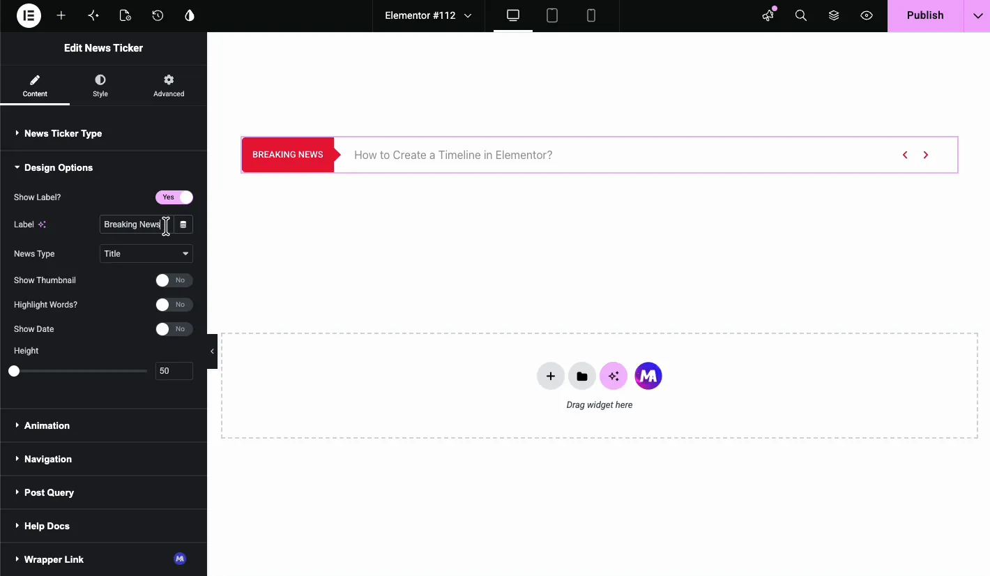 Design Options section showing Show Label, Label text, News Type, Show Thumbnail, and Height controls