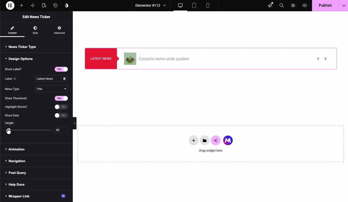 Height slider set to 85 pixels in the Design Options section