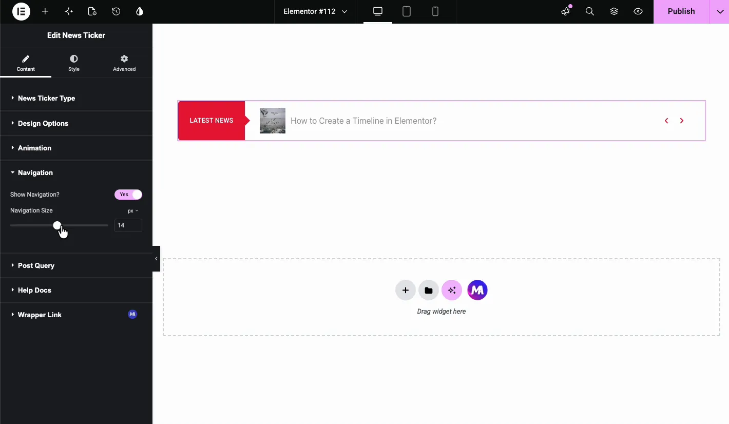 Navigation section with Show Navigation enabled and Navigation Size control