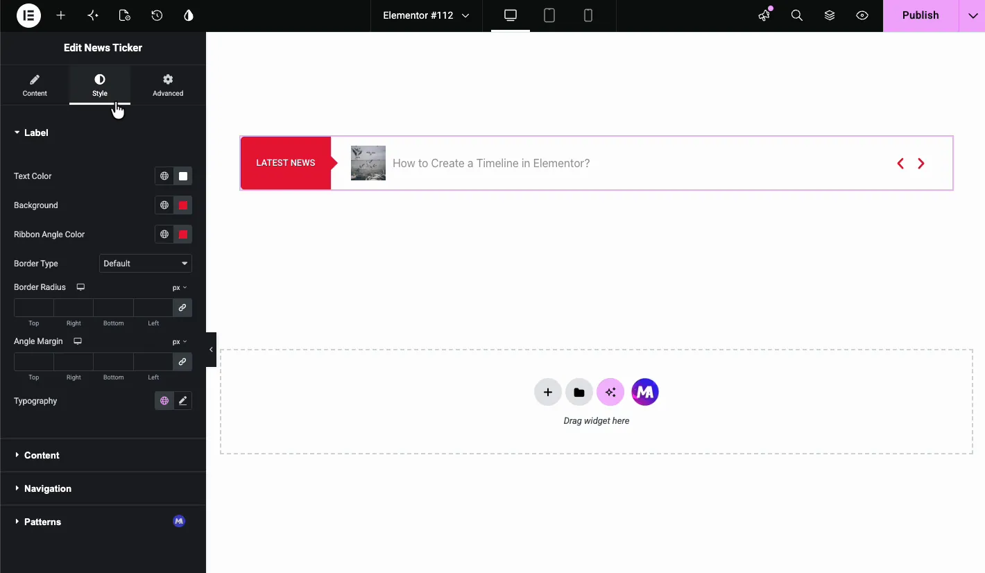 Style tab Label section showing text color, background, ribbon angle color, border radius, and typography controls