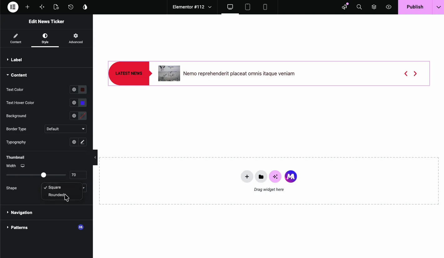 Style tab Content and Thumbnail sections with text color, hover color, thumbnail width, and shape controls