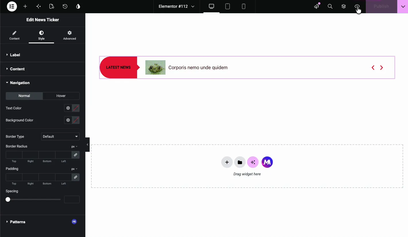 Style tab Navigation section with Normal and Hover state controls for arrow buttons
