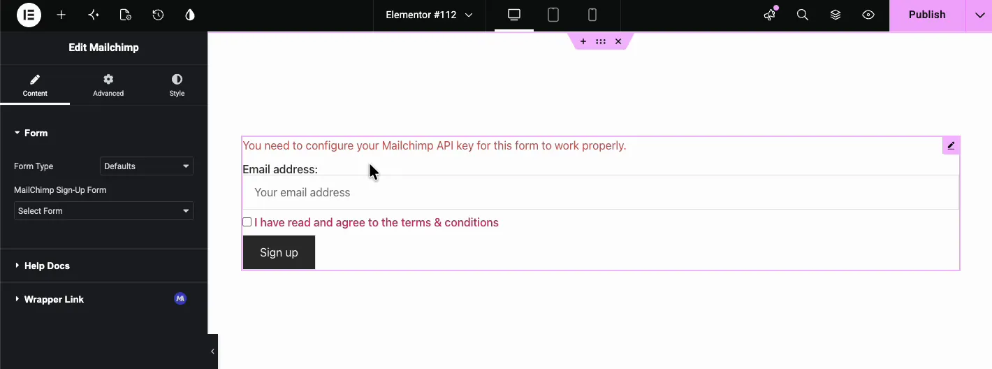 Default Mailchimp signup form in Elementor showing email field, terms checkbox, and API key warning