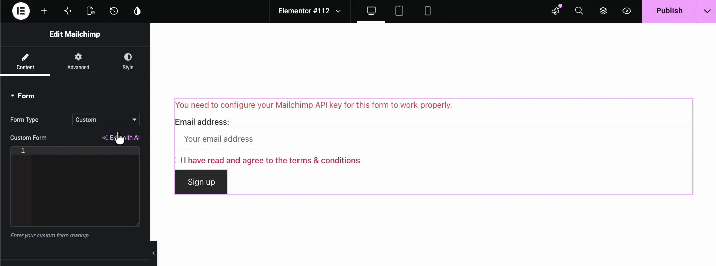 Form Type set to Custom showing the Custom Form textarea