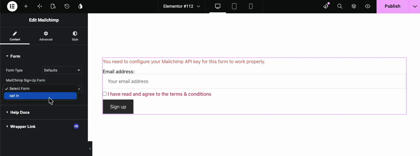 MailChimp Sign-Up Form dropdown set to opt in default form