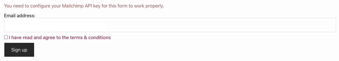 Live frontend preview of the Mailchimp signup form with email field and terms checkbox